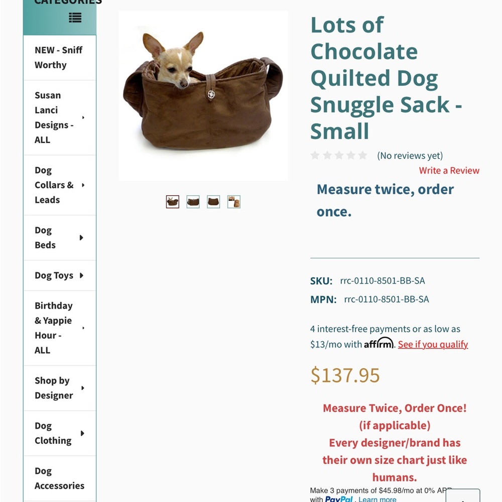 Brown Quilted Dog Snuggle Sack Ruff Ruff Couture - Picture 2 of 7